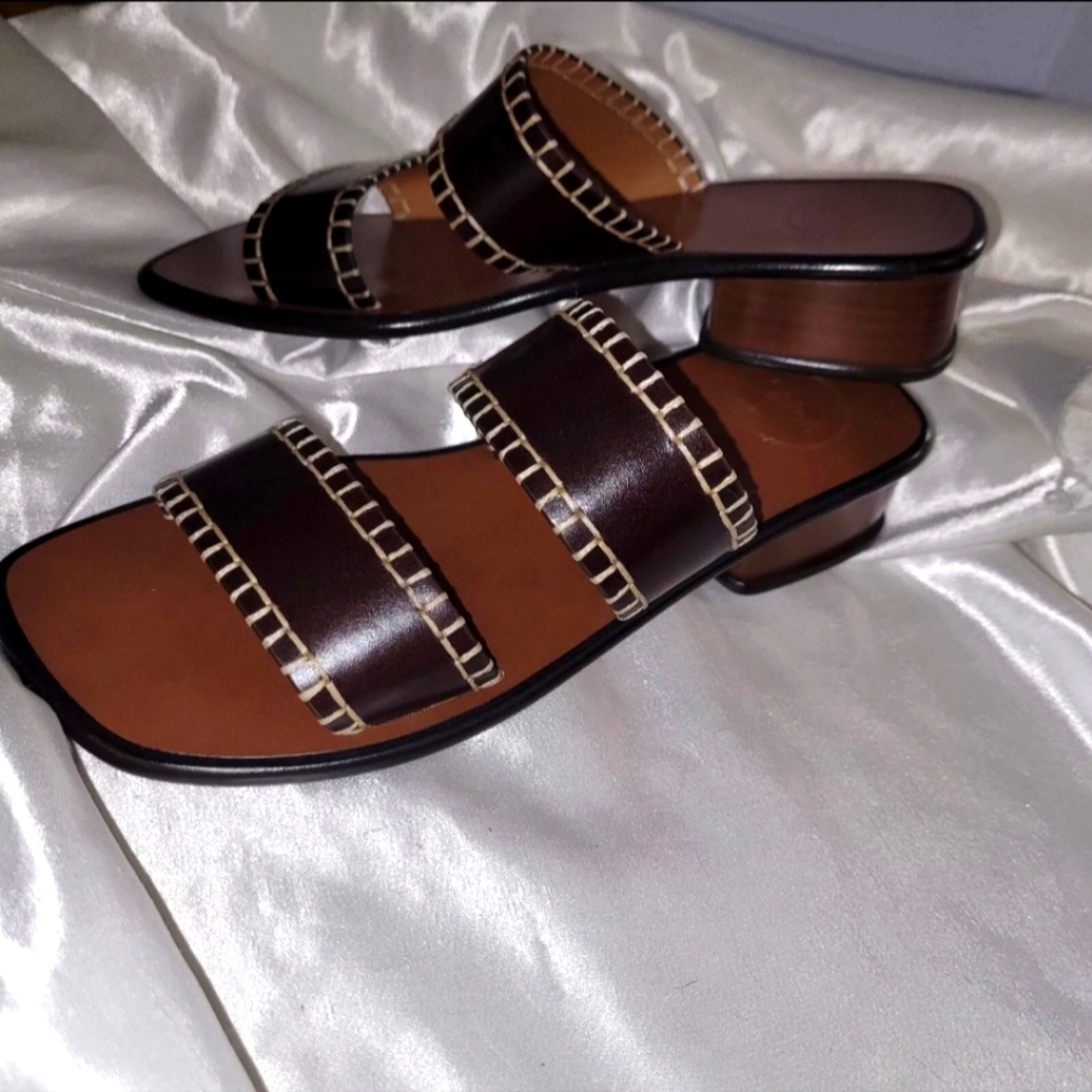 Chloe Sandal Laia Double Strap Whipstitch Trim Square Toe, Block Heel, Sz 38.5/8